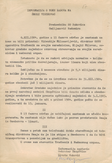 Informacija o toku radova